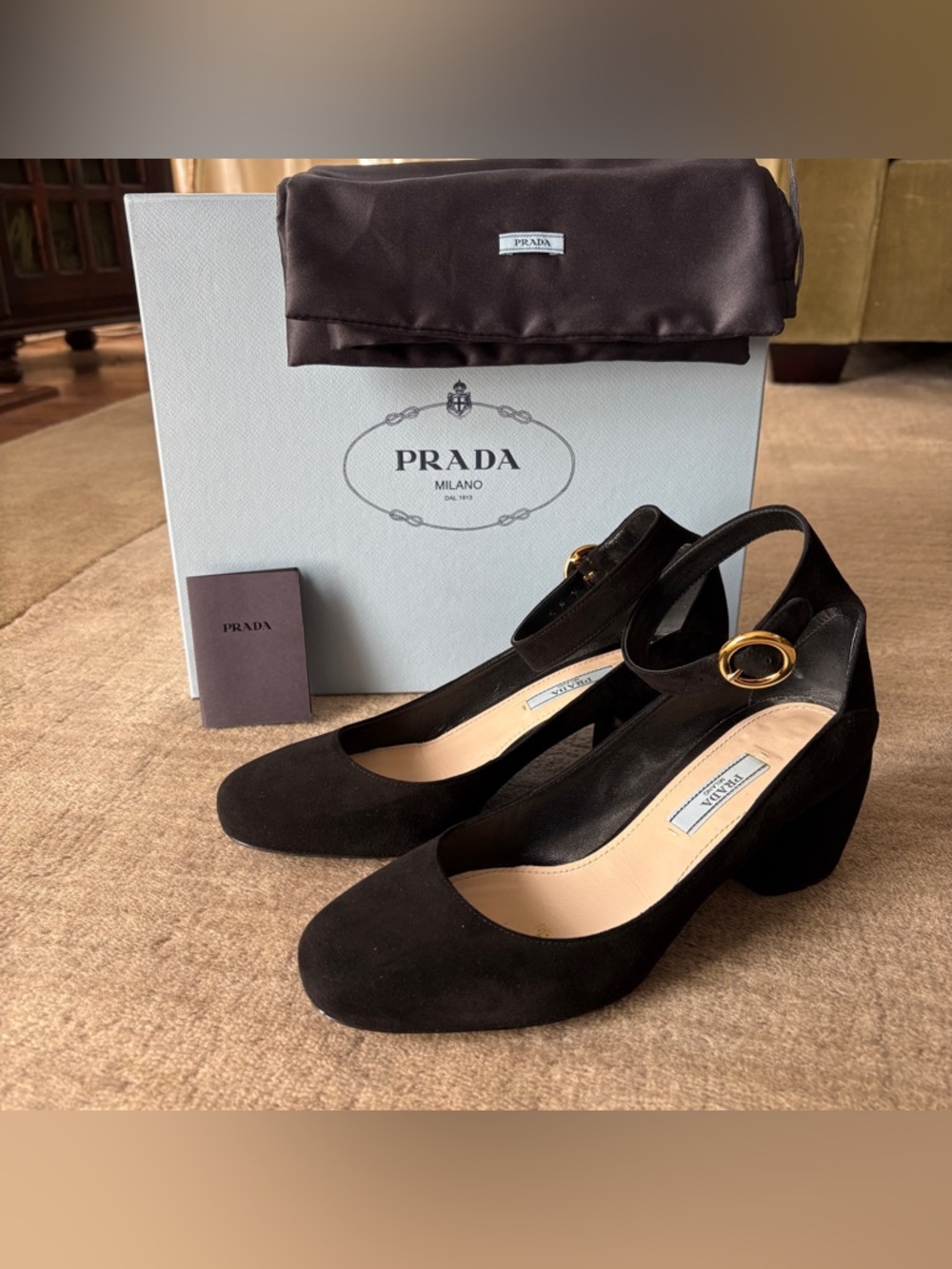 PRADA Black Suede Ankle Strap Heels 37